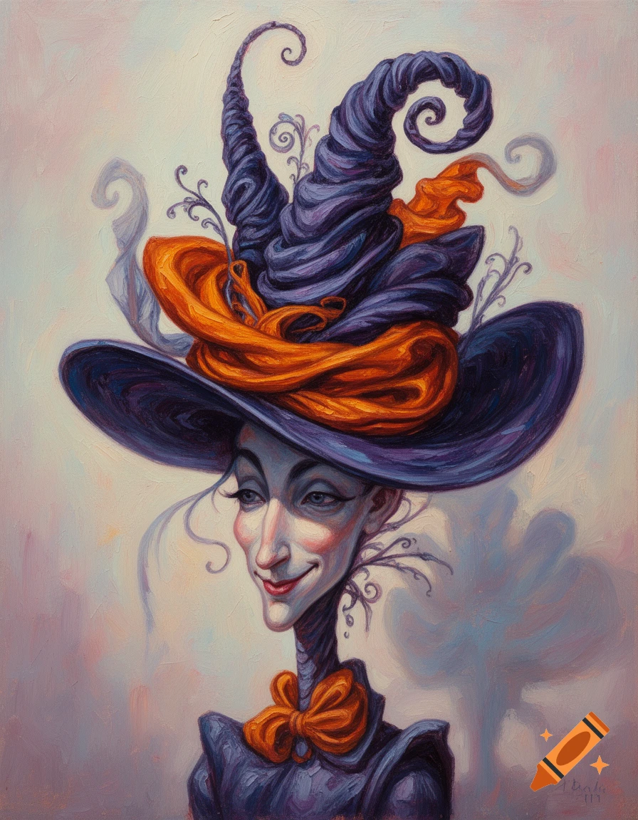 Stylized oil painting of a witch with a tall, twisted purple and orange hat, a long neck, and a mischievous smile.