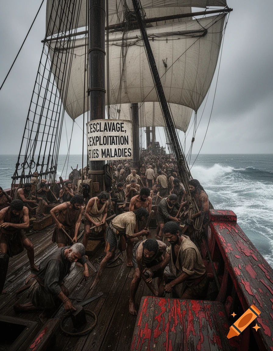 Photorealistic image of many men working on a crowded ship under a stormy sky, a sign reads 'Slavery, Exploitation, and Diseases'.