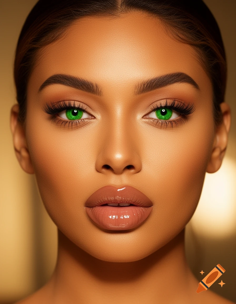 Photorealistic close-up of a woman's face with golden caramel skin, bright green eyes, and plump glossy lips.