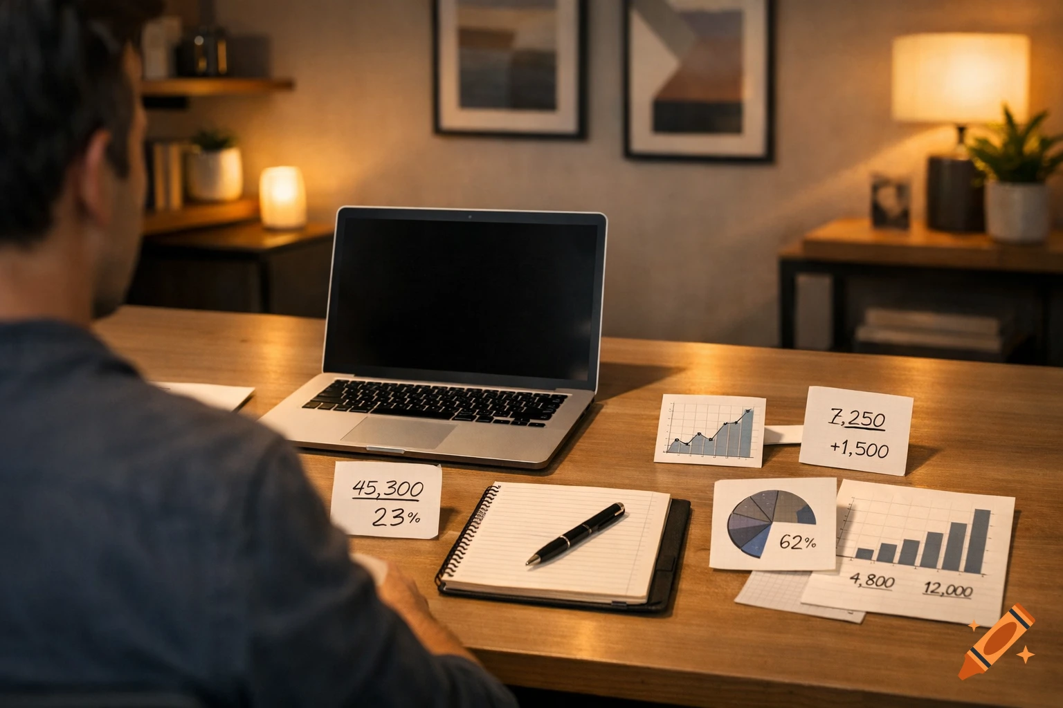 A man works at a desk with a laptop, notepad, and various notes featuring numbers and graphs in a modern, warmly lit interior.