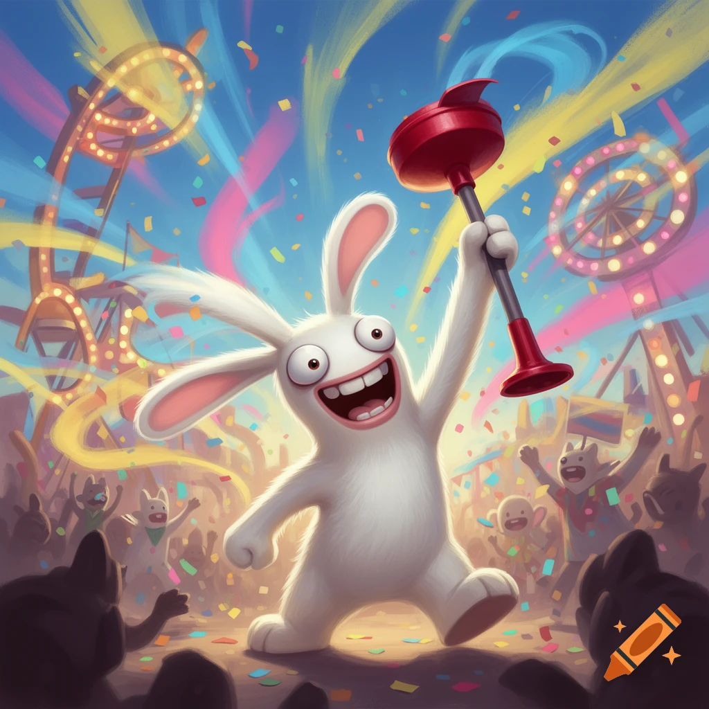 A Raving Rabbid cheers at a vibrant carnival, holding a red plunger high as confetti falls around other cheering Rabbids and fair rides.