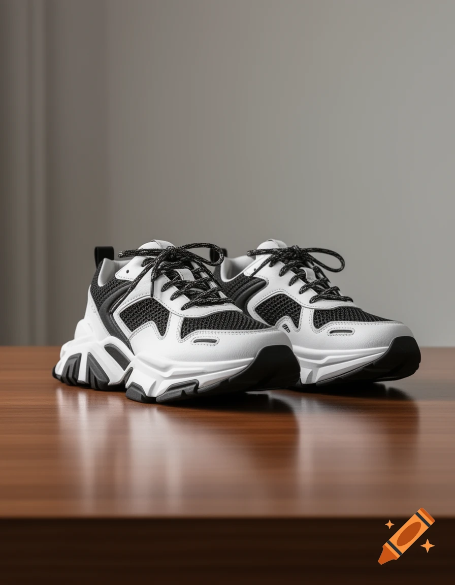 A pair of black and white athletic sneakers with textured black mesh and white leather accents on a polished wooden table.