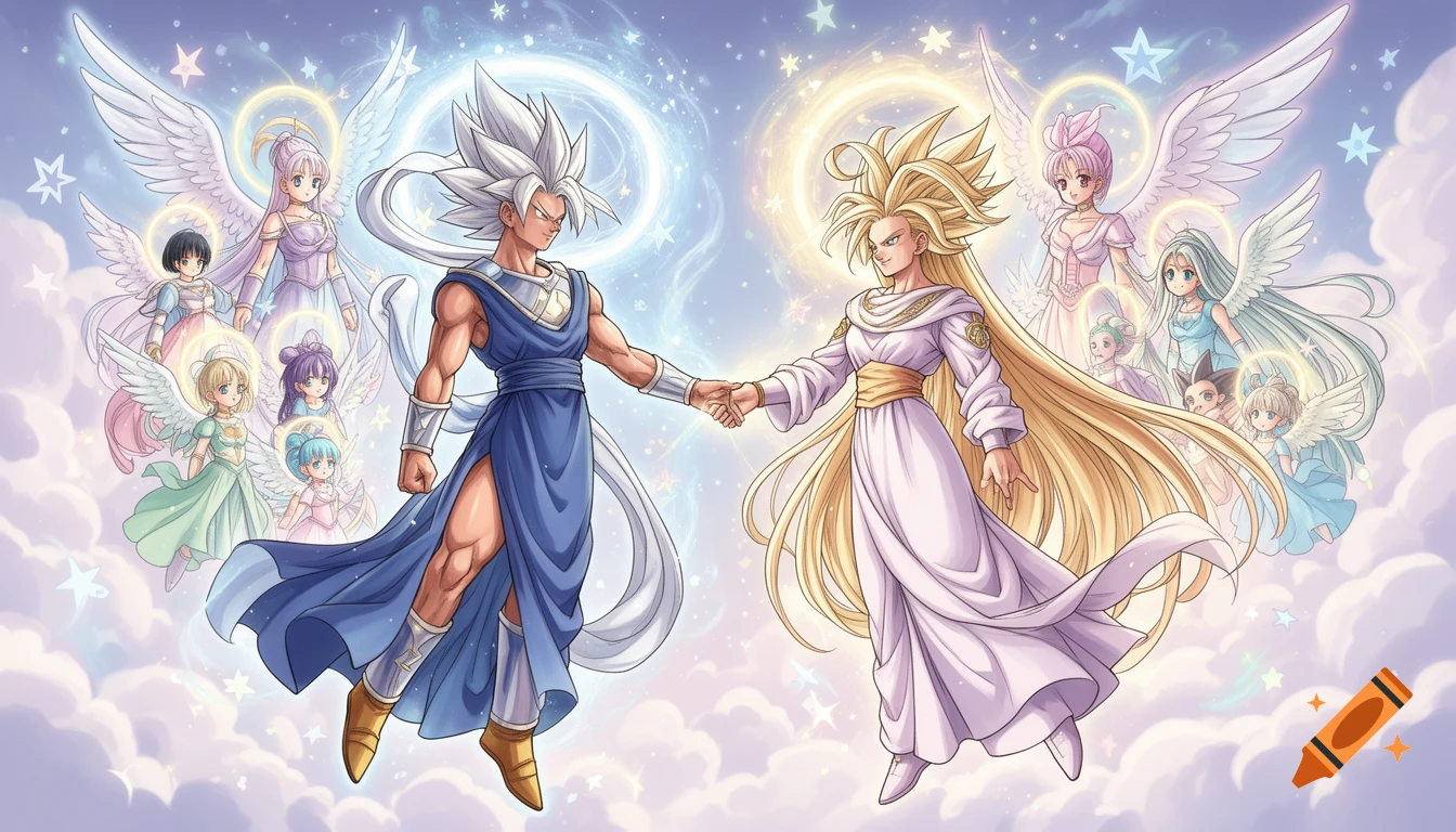 Two anime-style figures resembling Dragon Ball Z characters, one male in blue, one female in white, hold hands in a starry sky surrounded by angels.
