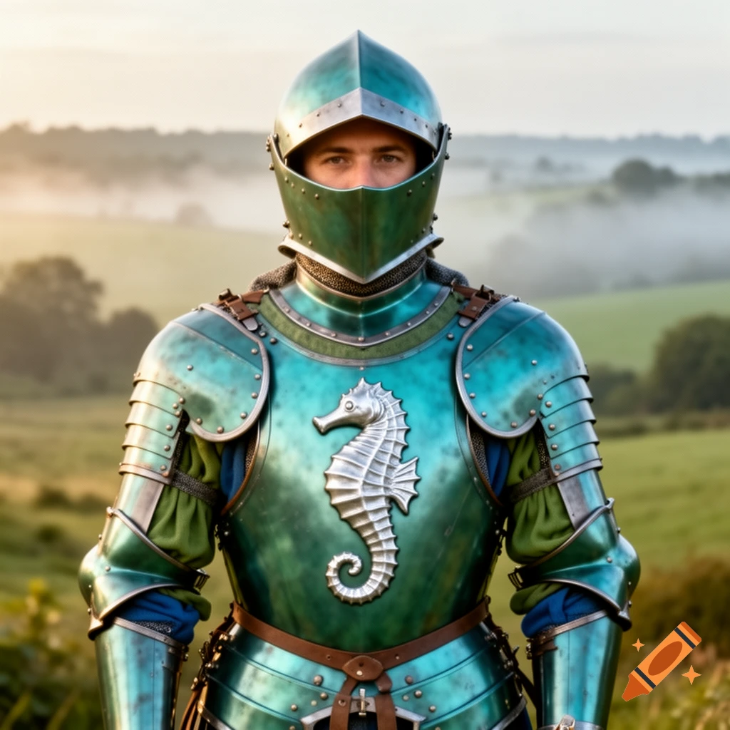A man in sea-green medieval armor with a silver seahorse emblem stands in a misty field at sunset, looking forward.