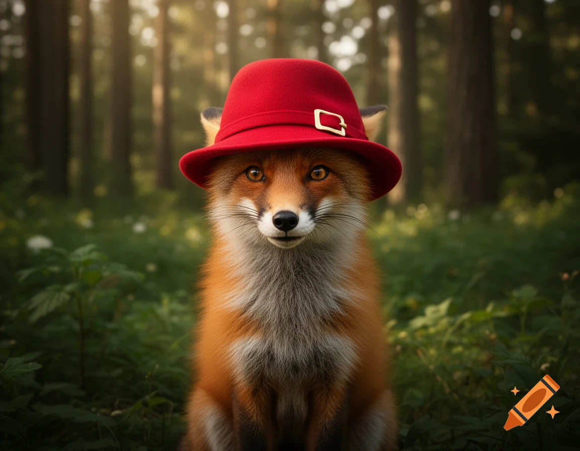 A photorealistic fox wearing a red fedora hat, looking directly at the ...