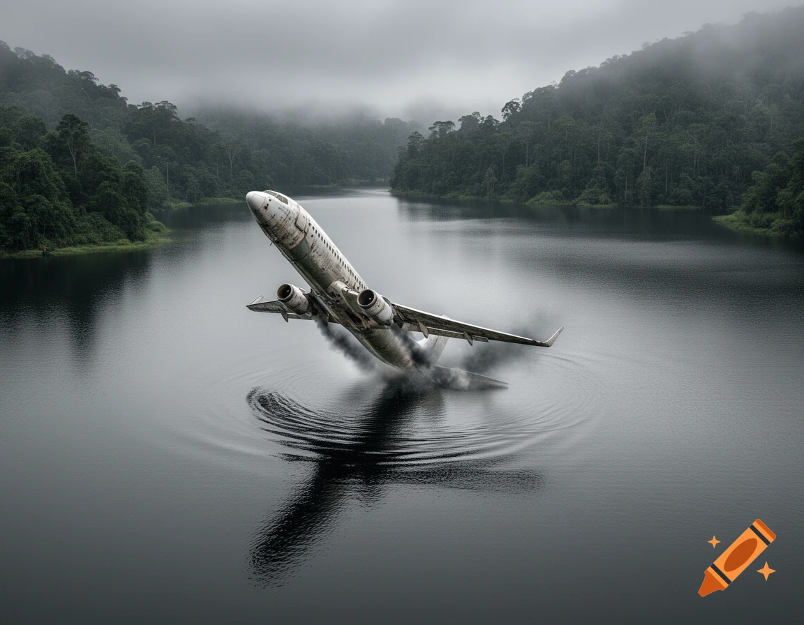 Photorealistic image of an old airplane crashing into a dark lake in a misty jungle.