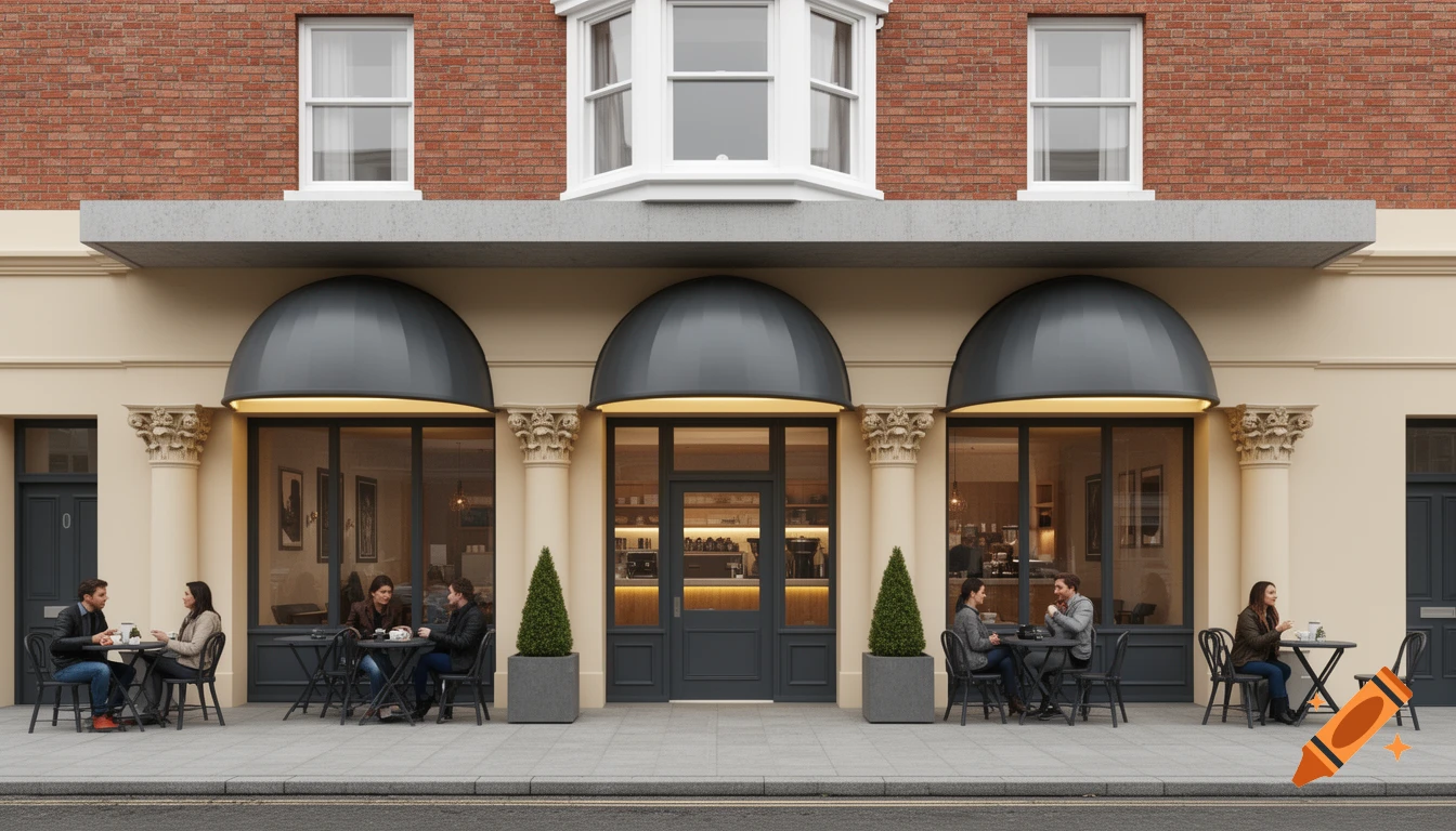 Photorealistic street-level view of a coffee shop with a brick and beige facade, dark grey awnings, and customers seated at outdoor tables.