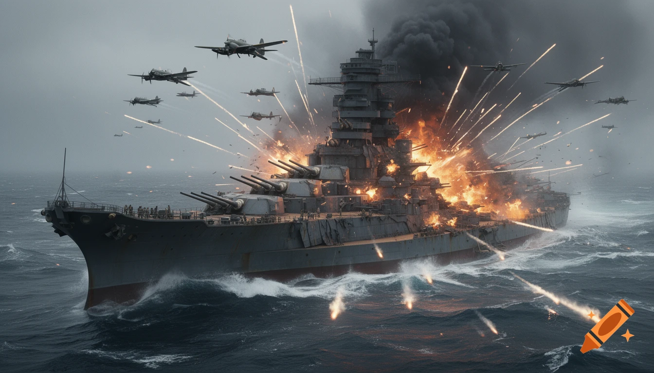 Photorealistic scene of the Japanese battleship Yamato under attack by planes, engulfed in explosions and smoke on a stormy sea.