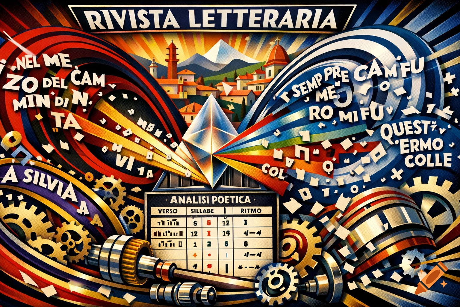 A vibrant Futurist style magazine cover for a literary journal, featuring fragmented Italian poetry verses and a syllabation tool amidst gears, prisms, and a stylized Tuscan landscape.