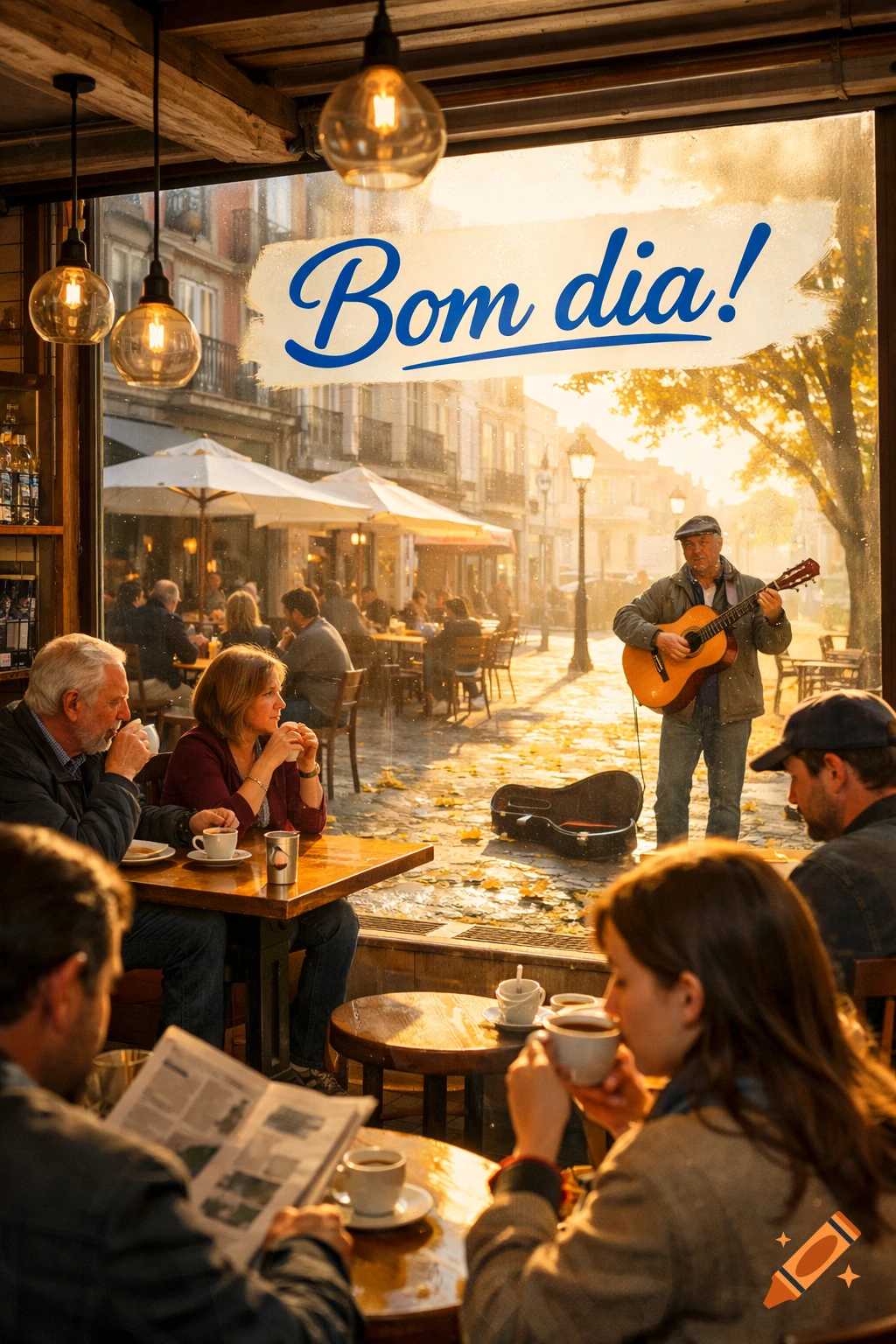 Photorealistic scene inside a cafe with patrons, looking out to a sunny city street where a musician plays guitar. 'Bom dia!' is on the window.