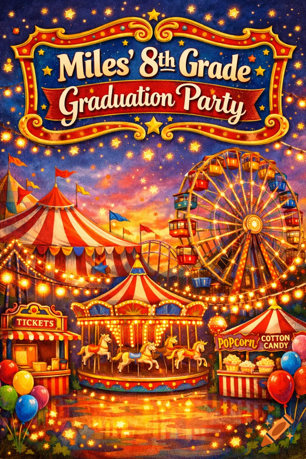 A vibrant carnival scene at night with a Ferris wheel, carousel, and tents. A sign reads 'Miles' 8th Grade Graduation Party'.