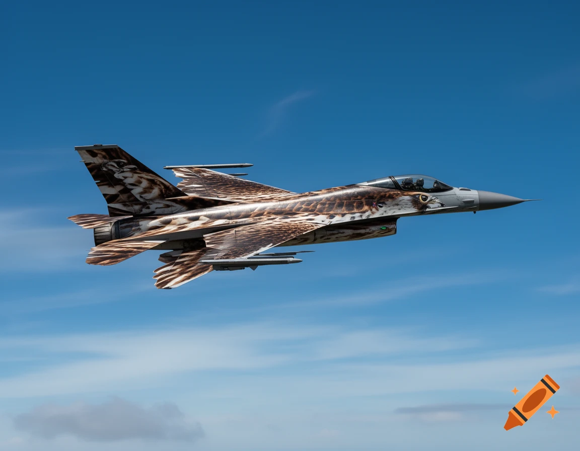 Photorealistic F-16 Fighting Falcon jet with a brown and white hunter hawk feather texture flying against a clear blue sky.