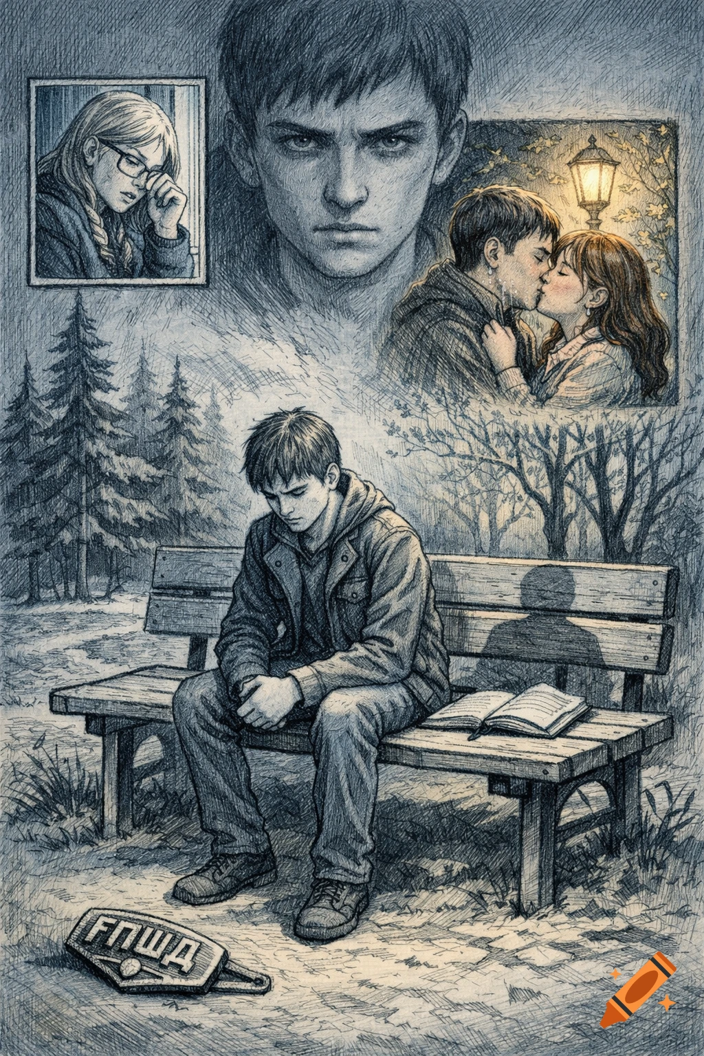 Sketch drawing of a multi-panel teen drama: a sad boy on a bench, a couple kissing, a crying girl, and a menacing face.