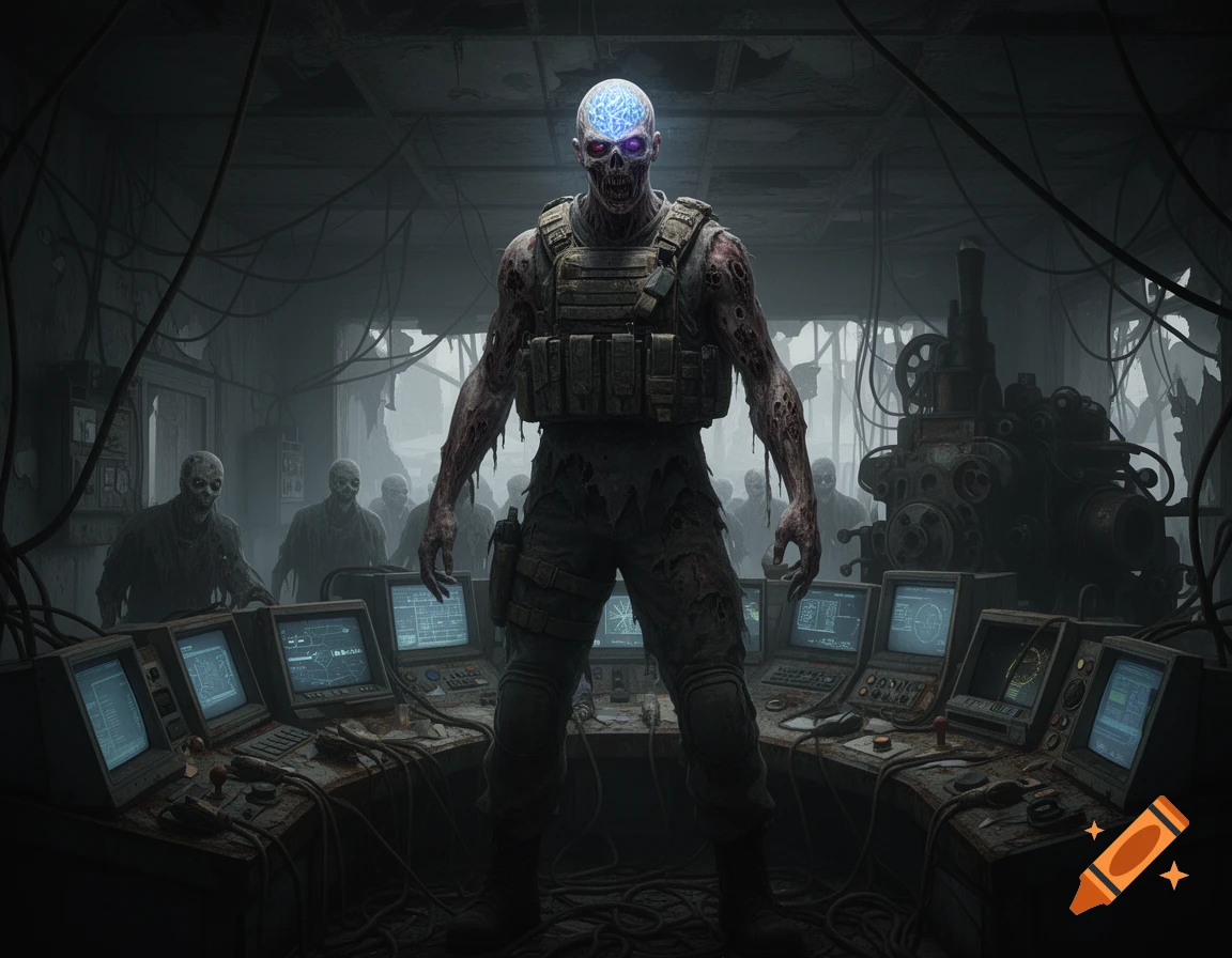 A tactical zombie with a glowing brain and decaying flesh stands in a dark, ruined control room with multiple computer screens and other zombies.