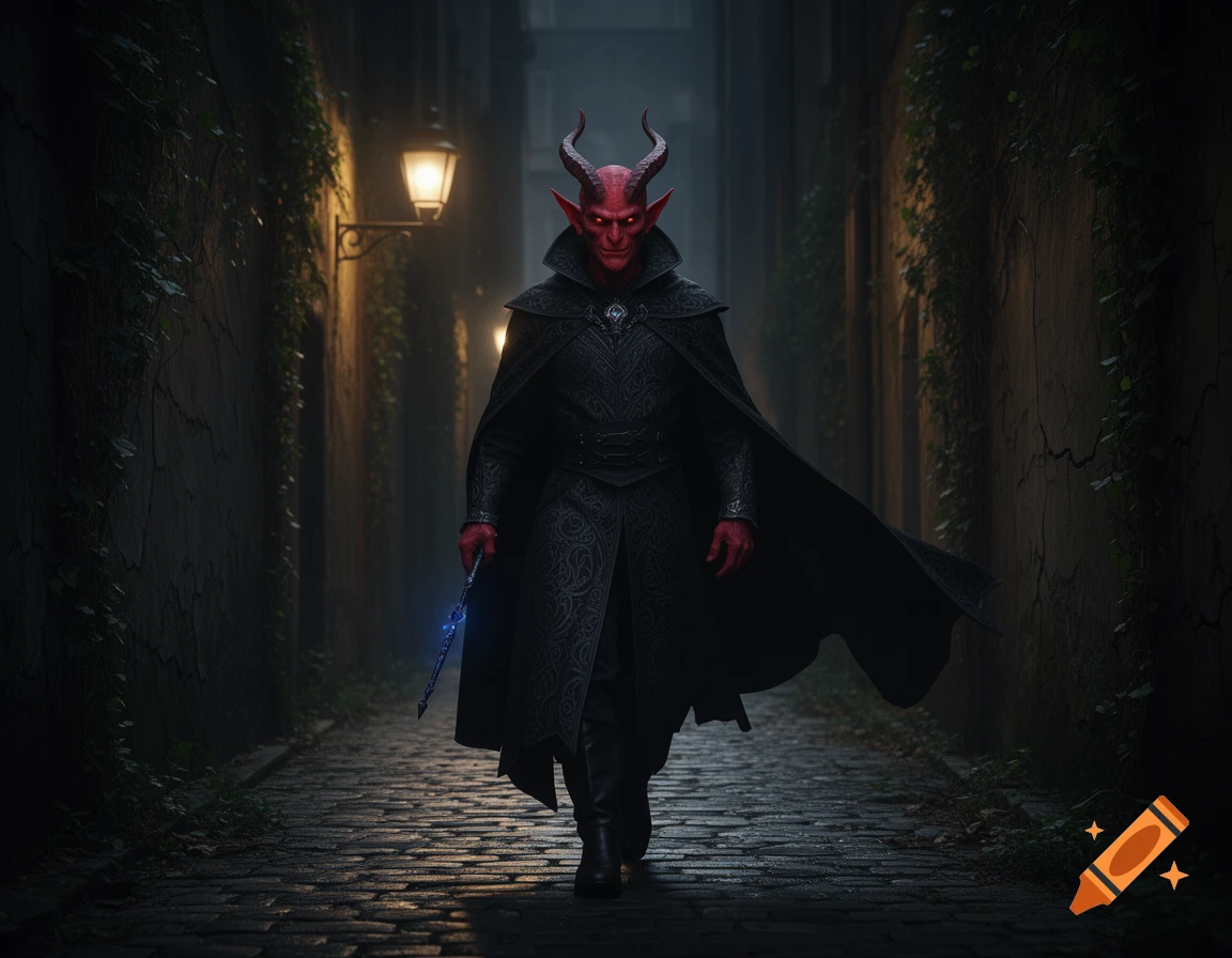 A red-skinned, horned tiefling warlock in a dark cloak walks down a cobblestone alley, holding a glowing blue staff.