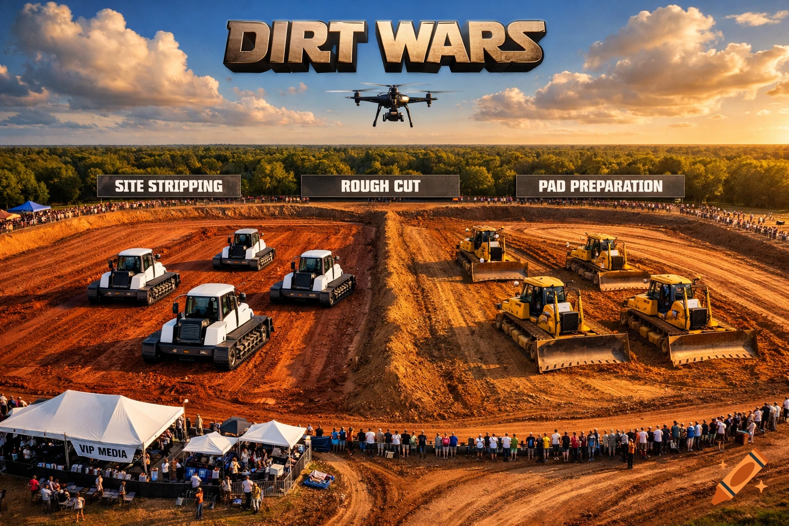 Photorealistic aerial view of a "Dirt Wars" construction competition at golden hour, with white and yellow bulldozers, a drone, and spectators.