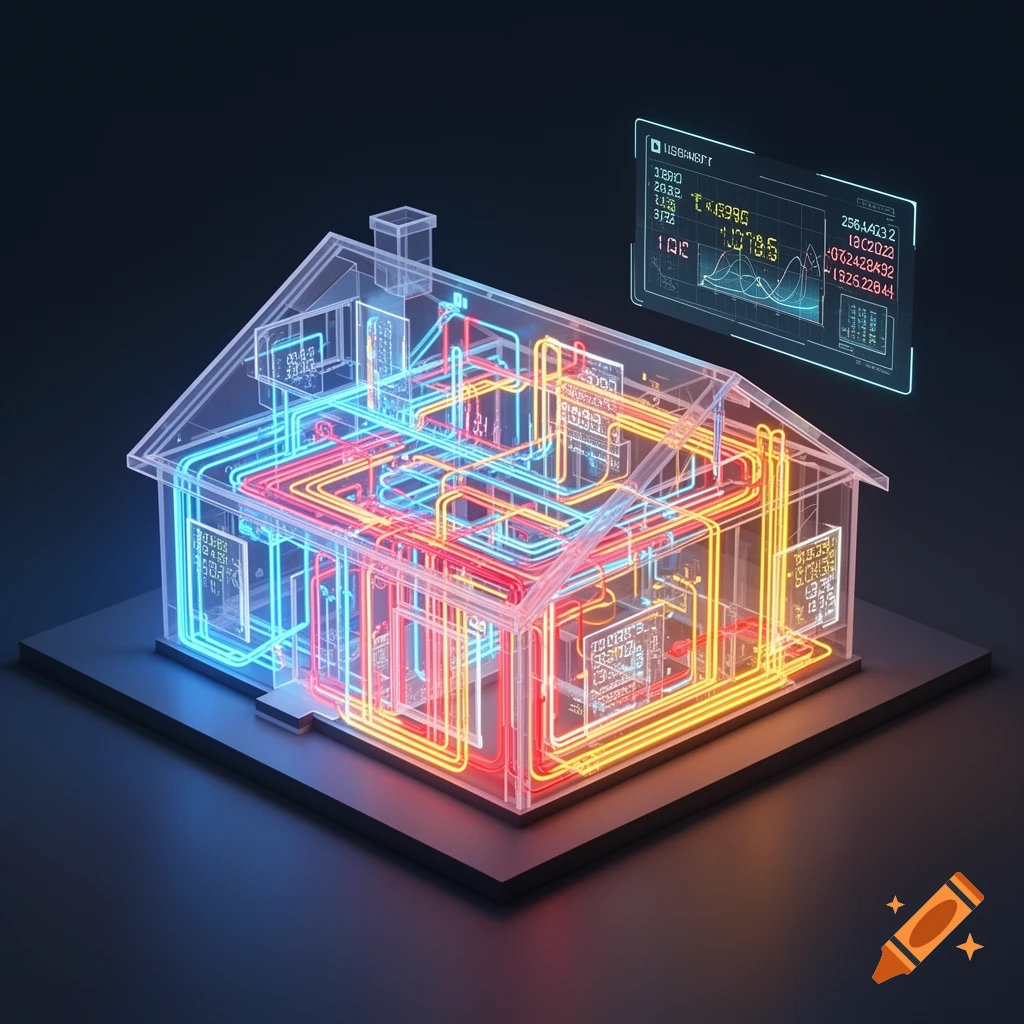 A futuristic digital rendering of a transparent house model with glowing internal systems and a floating holographic data display.