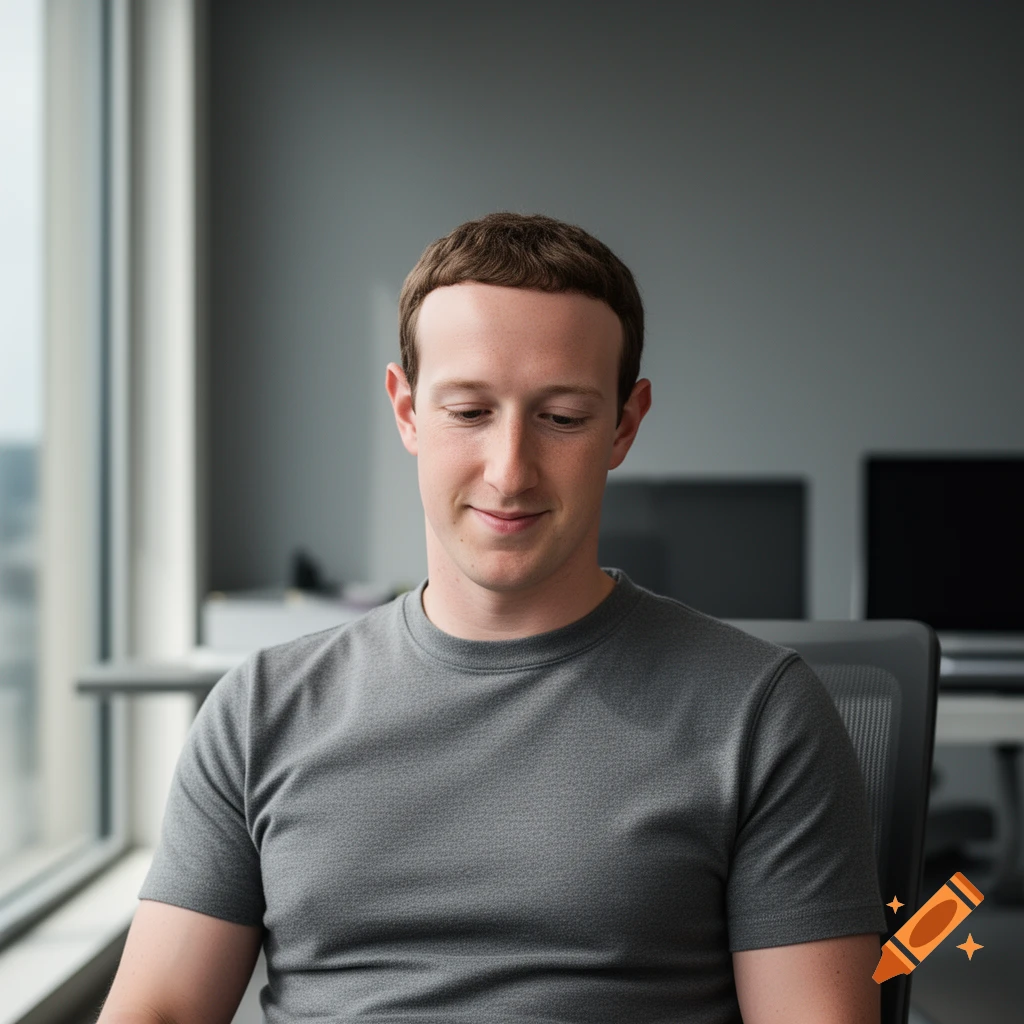 Photorealistic portrait of Mark Zuckerberg in a gray t-shirt, looking down and smiling slightly in an office setting.