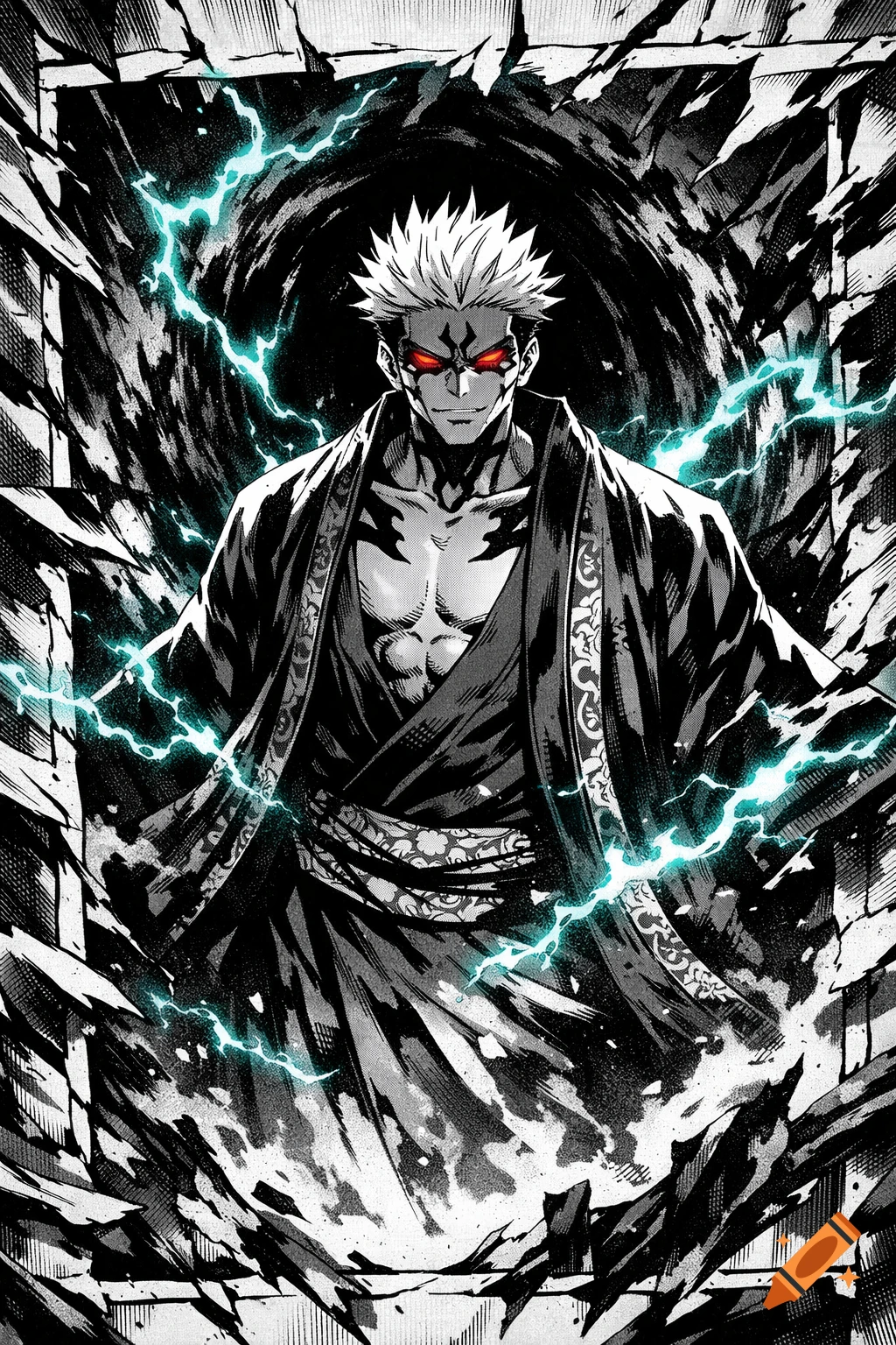 Manga panel of a powerful man with white spiky hair, red glowing eyes, and chest tattoos emerging from a dark portal with blue lightning.