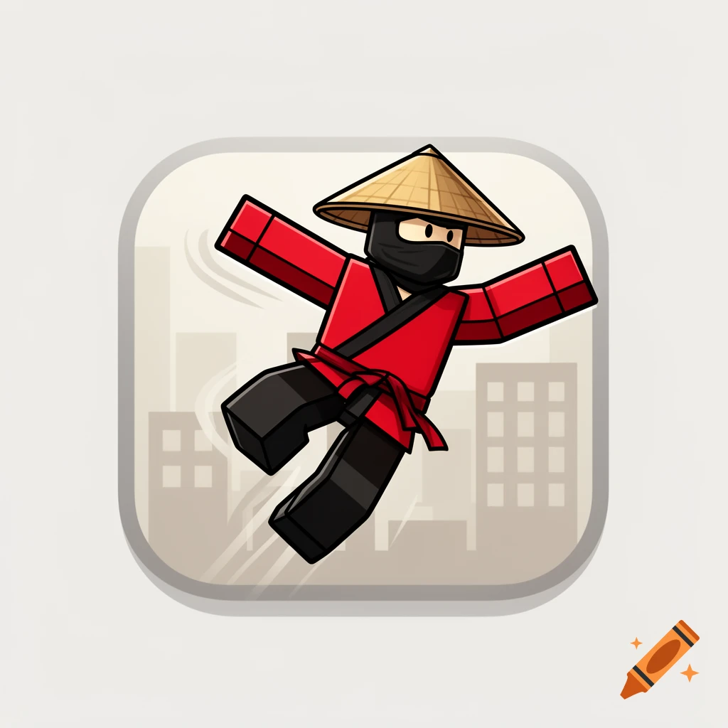 Roblox game icon featuring a jumping ninja in a red gi and a conical straw hat against a city silhouette.