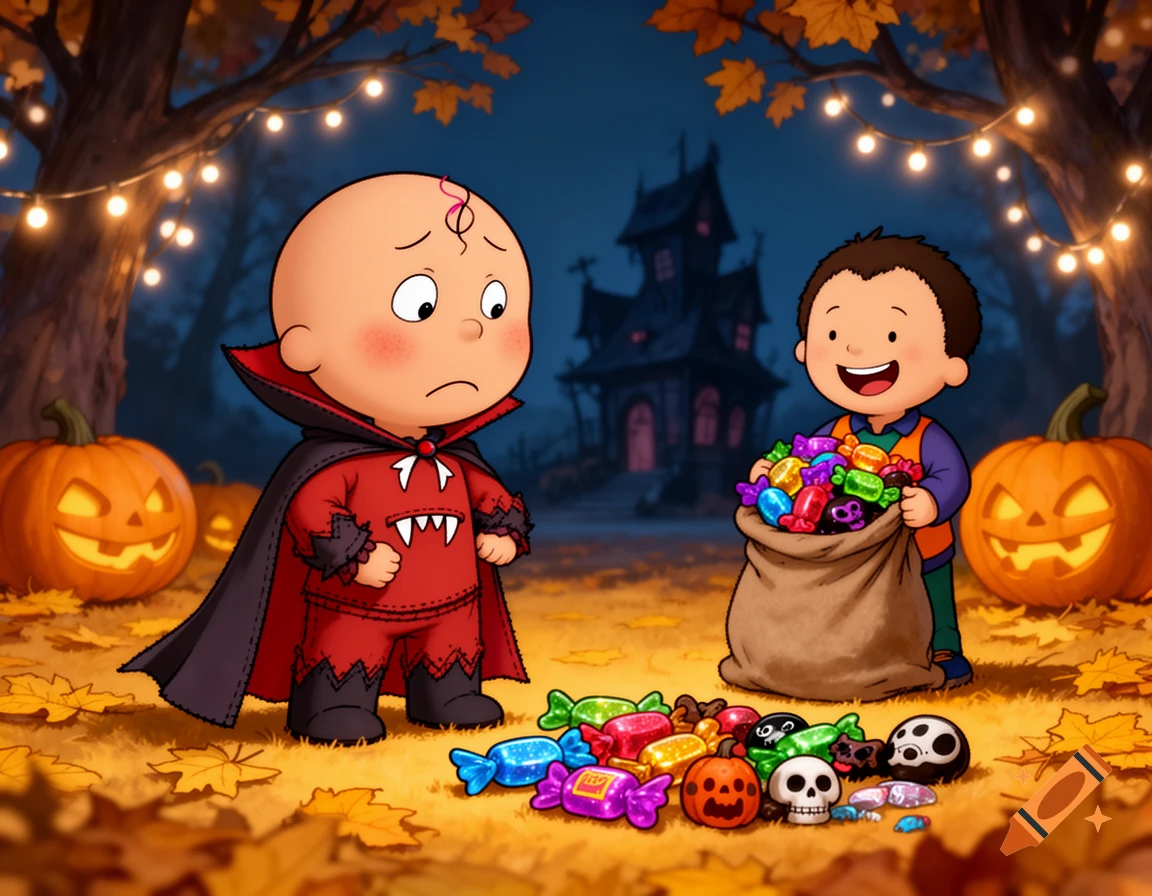 Upset Caillou in a vampire costume looks at his spilled candy, while Leo smiles holding a full bag on Halloween night.