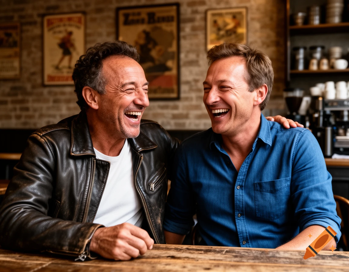 Two smiling men, one in a leather jacket and one in a blue shirt, laugh together at a wooden table in a cafe.