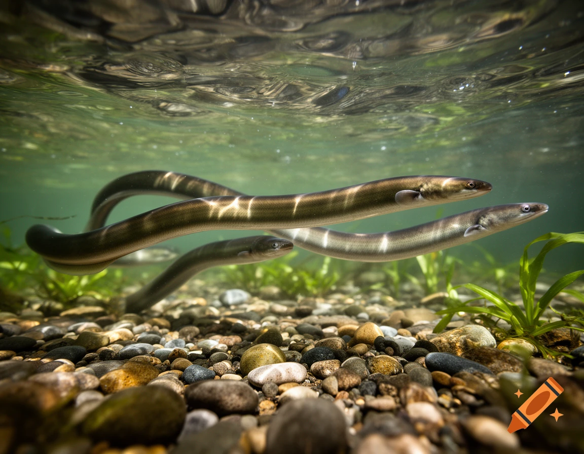 Several brown eels swim just below the water's surface, above a rocky riverbed with green plants, photorealistic.
