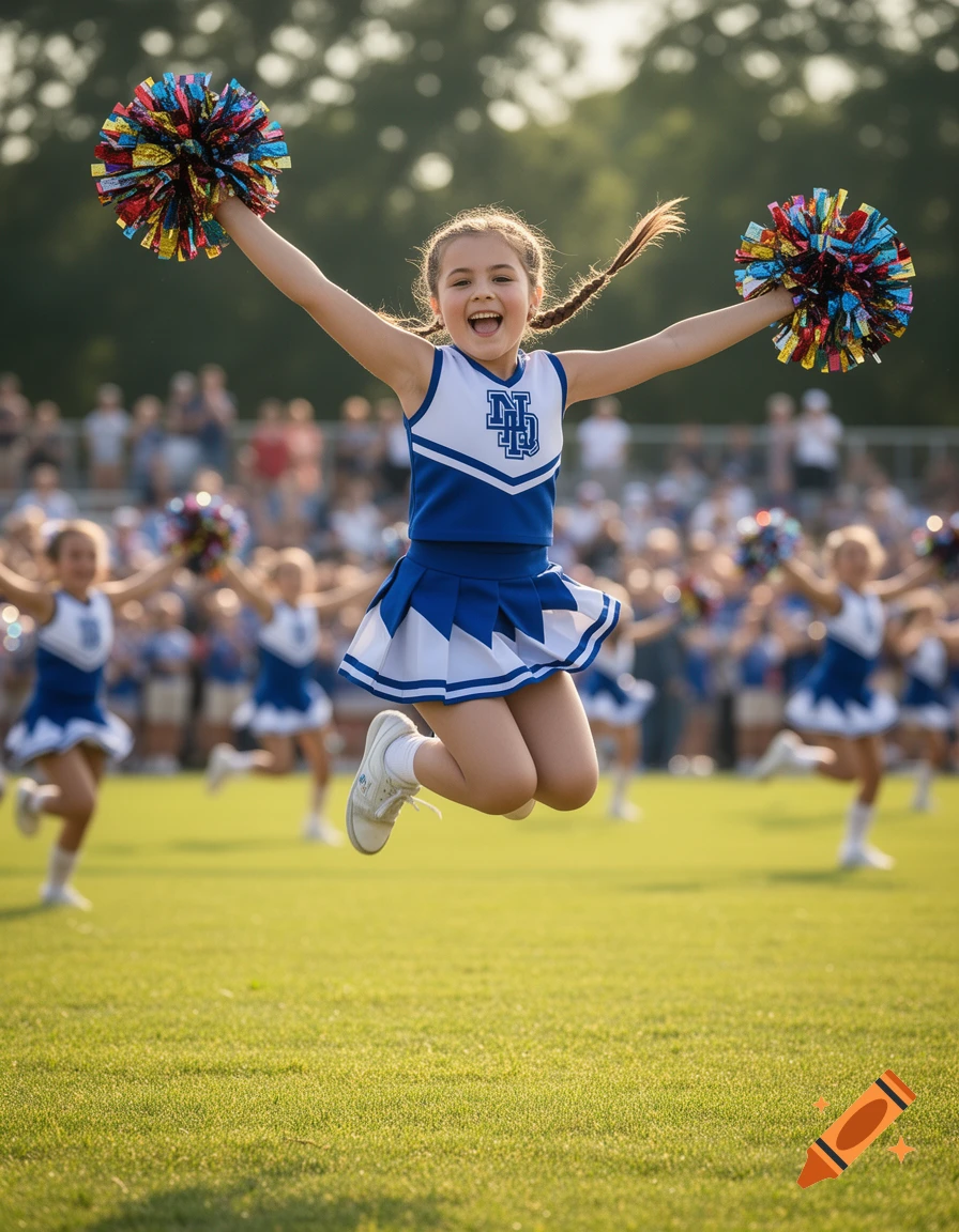 A young cheerleader in a blue and white uniform jumps enthusiastically on a grassy field, holding colorful pom-poms.