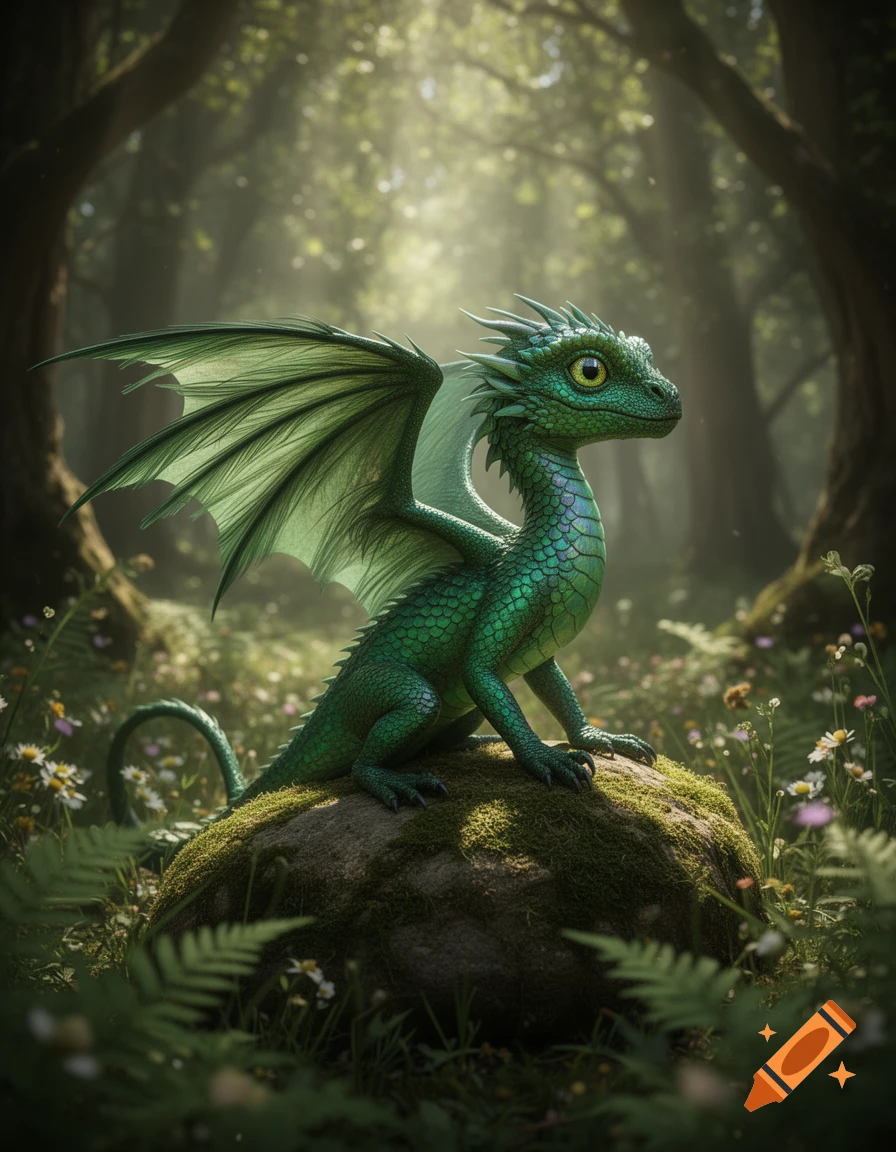 A small, vibrant green dragon with large eyes and wings sits on a mossy ...