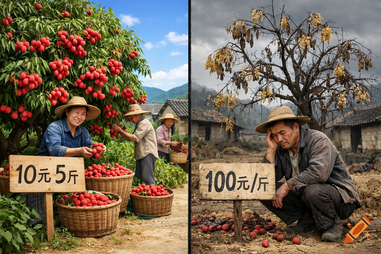 Split-screen image showing a lush lychee farm with happy farmers and low prices on the left, contrasted with a withered farm, a worried farmer, and high prices on the right.