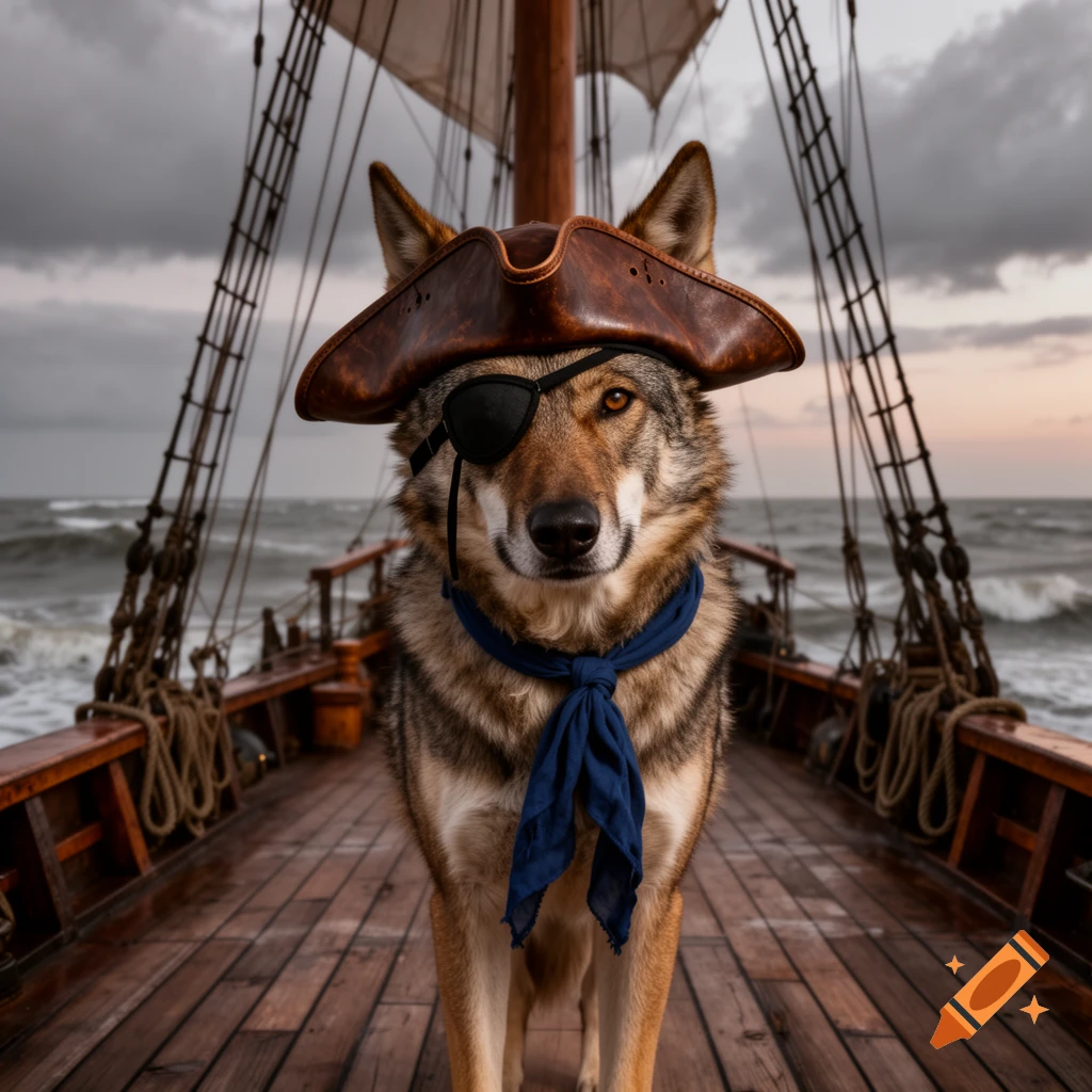 A photorealistic wolf-dog dressed as a pirate, wearing an eye patch and a tricorn hat, stands on the deck of a sailing ship on a stormy sea.