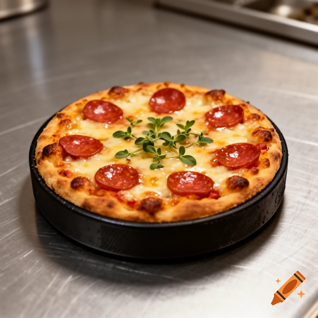 A close-up, photorealistic image of a mini pepperoni pizza, shaped like a hockey puck, on a metal countertop.