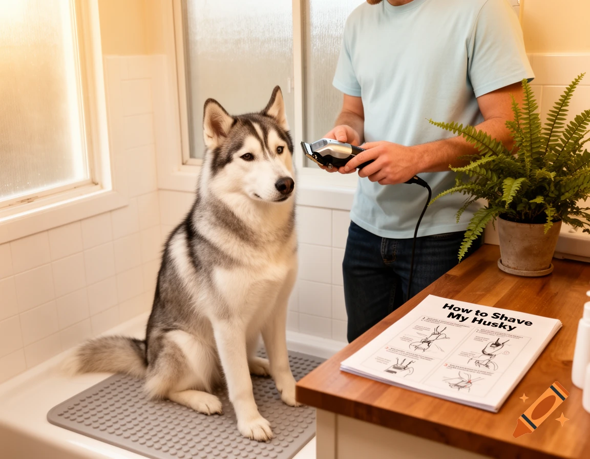 A man holding electric clippers next to a husky sitting patiently in a bathtub, with a 'How to Shave My Husky' guide on the counter.