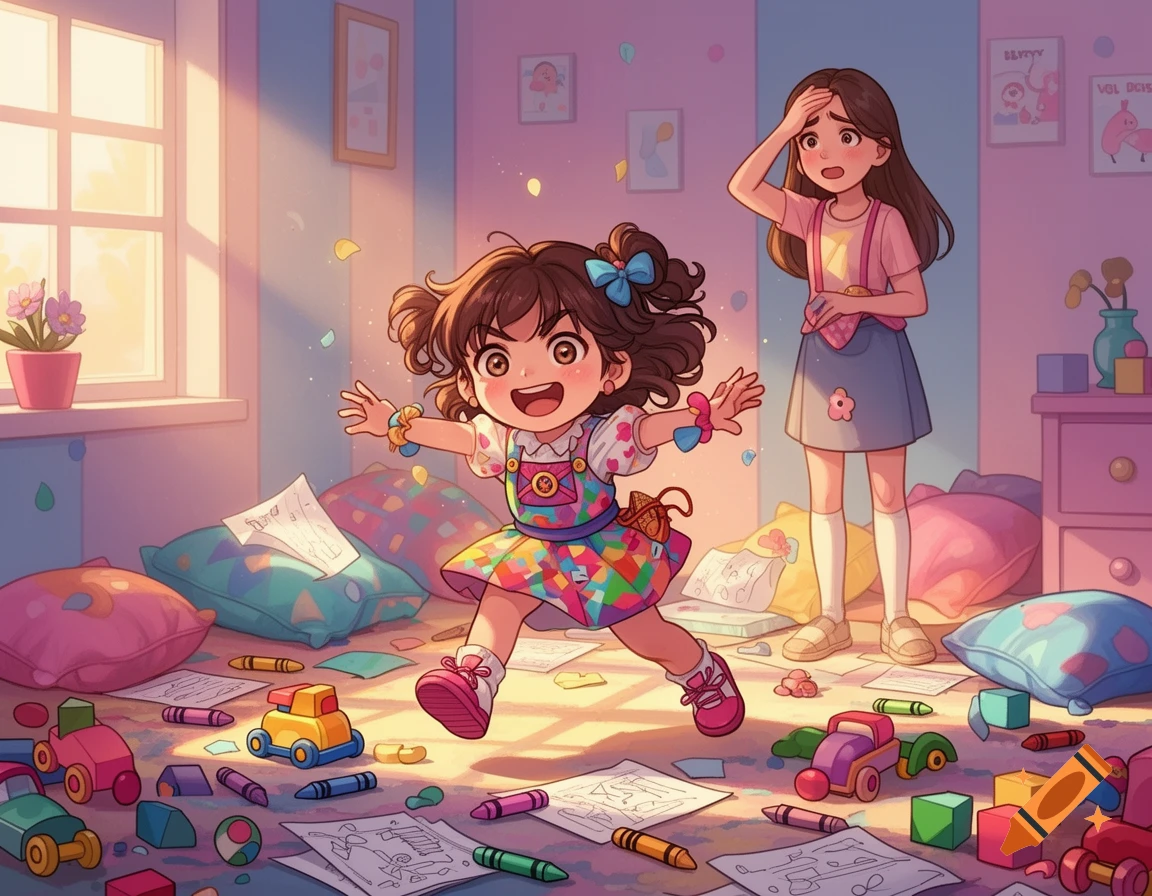 A cartoon of an excited young girl making a colorful mess in a room while an older girl looks exasperated.