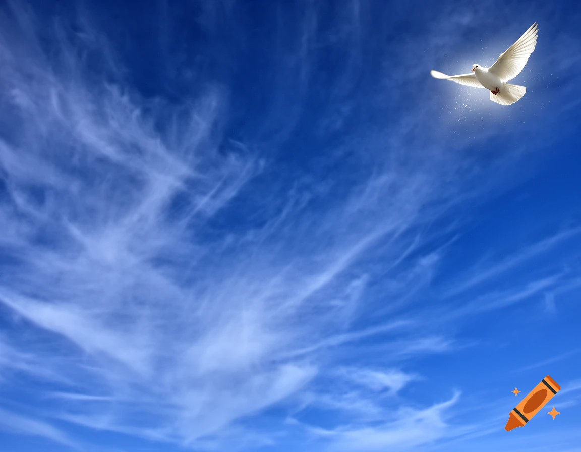 A white dove with outstretched wings soars against a vibrant blue sky with wispy white clouds.