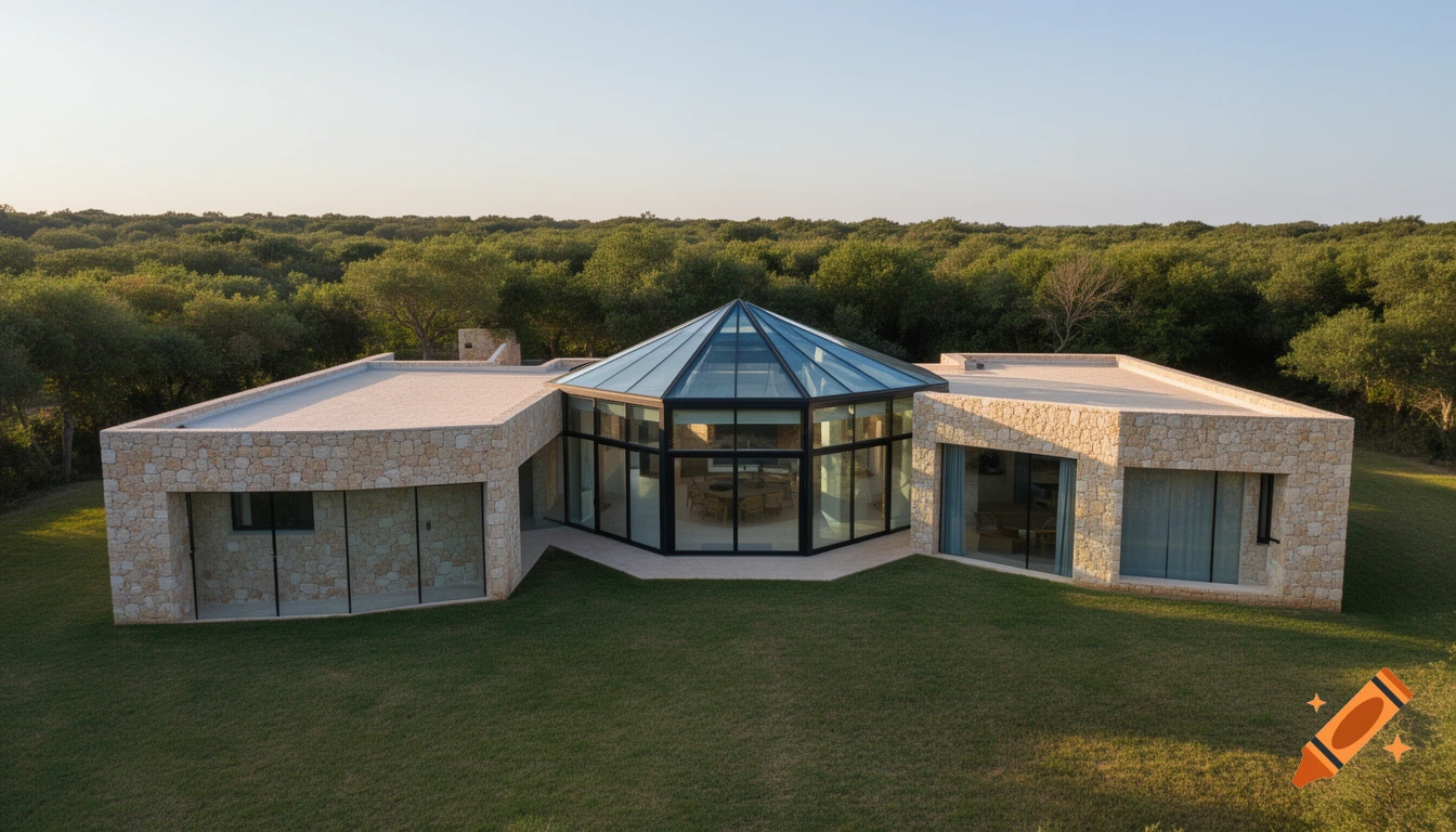 Aerial view of a modern house with stone walls, a central glass octagonal roof, and large windows, surrounded by green grass and lush trees.
