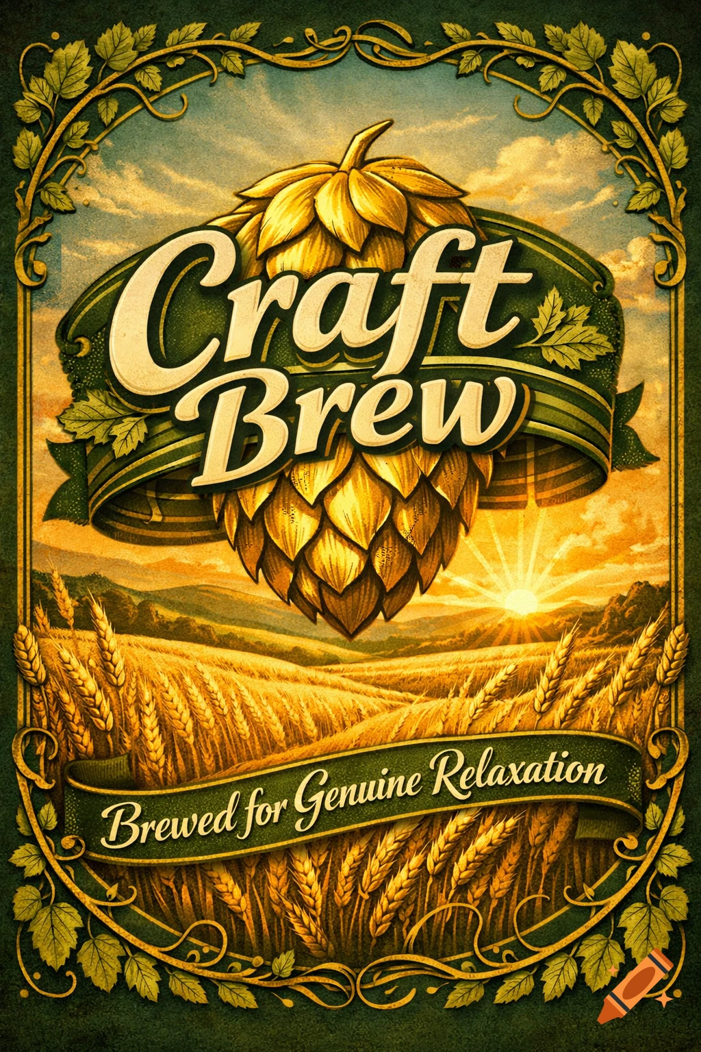 Vintage-style beer label with 'Craft Brew' over a hop cone, wheat field, and sunrise, bordered by vines. Text reads 'Brewed for Genuine Relaxation'.