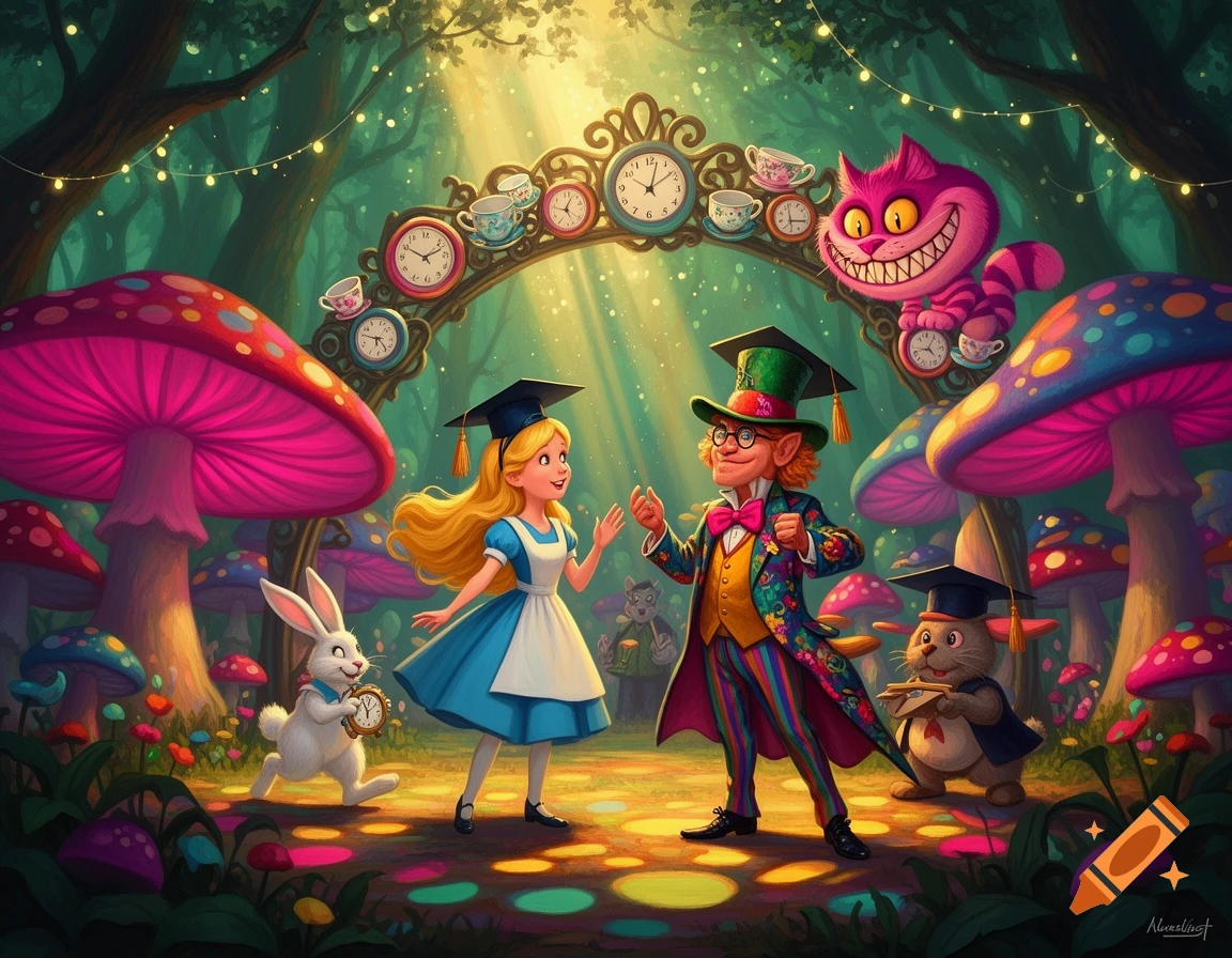 Alice, Mad Hatter, and Wonderland characters in graduation caps in a vibrant, magical forest with giant mushrooms and a clock arch.