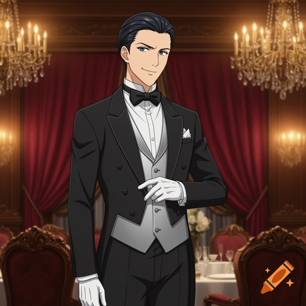 An anime butler in a tuxedo, smiling and standing in an elegant room with red curtains and chandeliers.