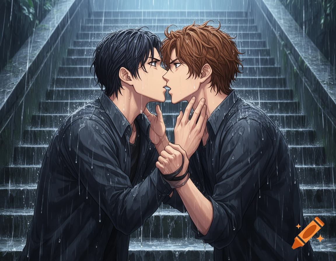 Two men in dark shirts kiss passionately on rain-soaked stairs in an ultra-realistic anime style.