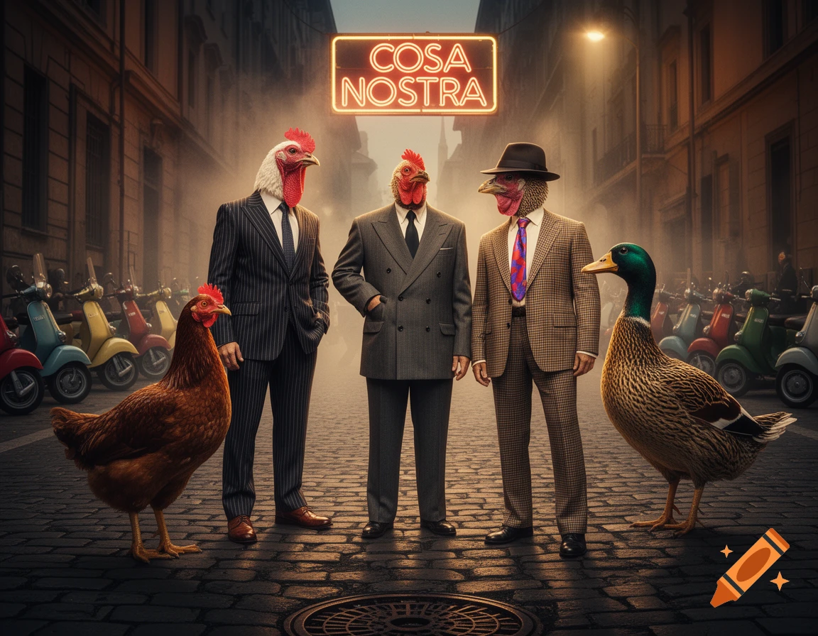Three anthropomorphic birds in suits stand on a cobblestone street under a neon 'COSA NOSTRA' sign, with a chicken and a duck nearby and scooters in the background.