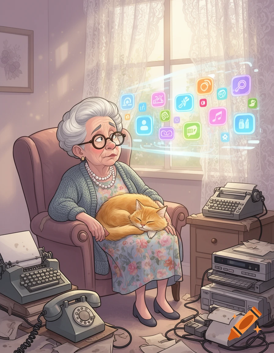 A cartoon of an old woman with a sleeping ginger cat on her lap, surrounded by old technology and modern app icons floating around her head.