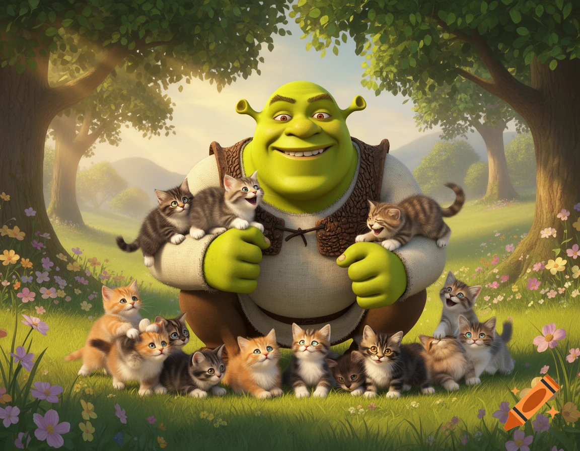 Animated Shrek happily holding and surrounded by many kittens in a sunny, flowery meadow.