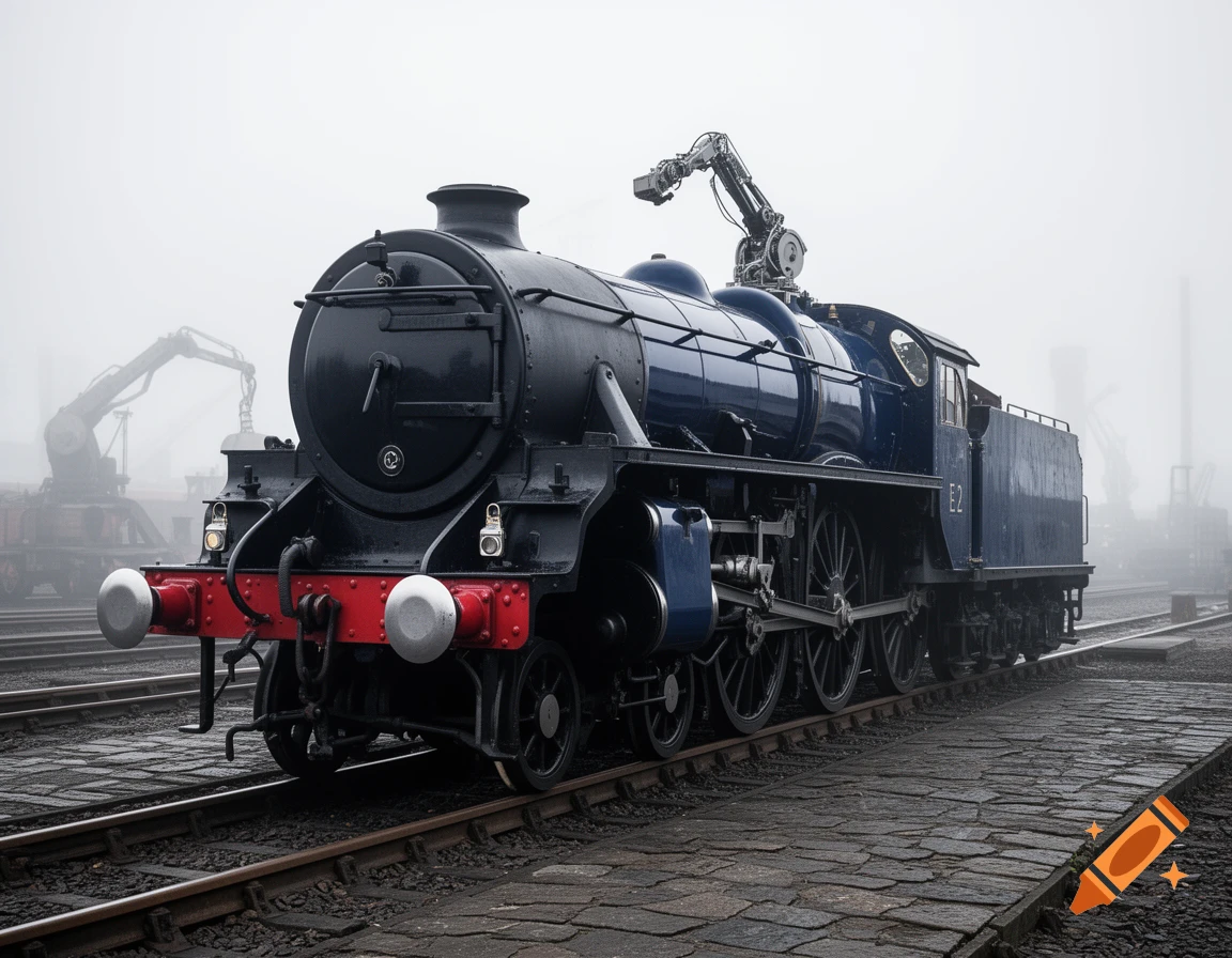 A dark blue E2 tank steam engine with a robotic arm on top sits on tracks in a foggy industrial setting.