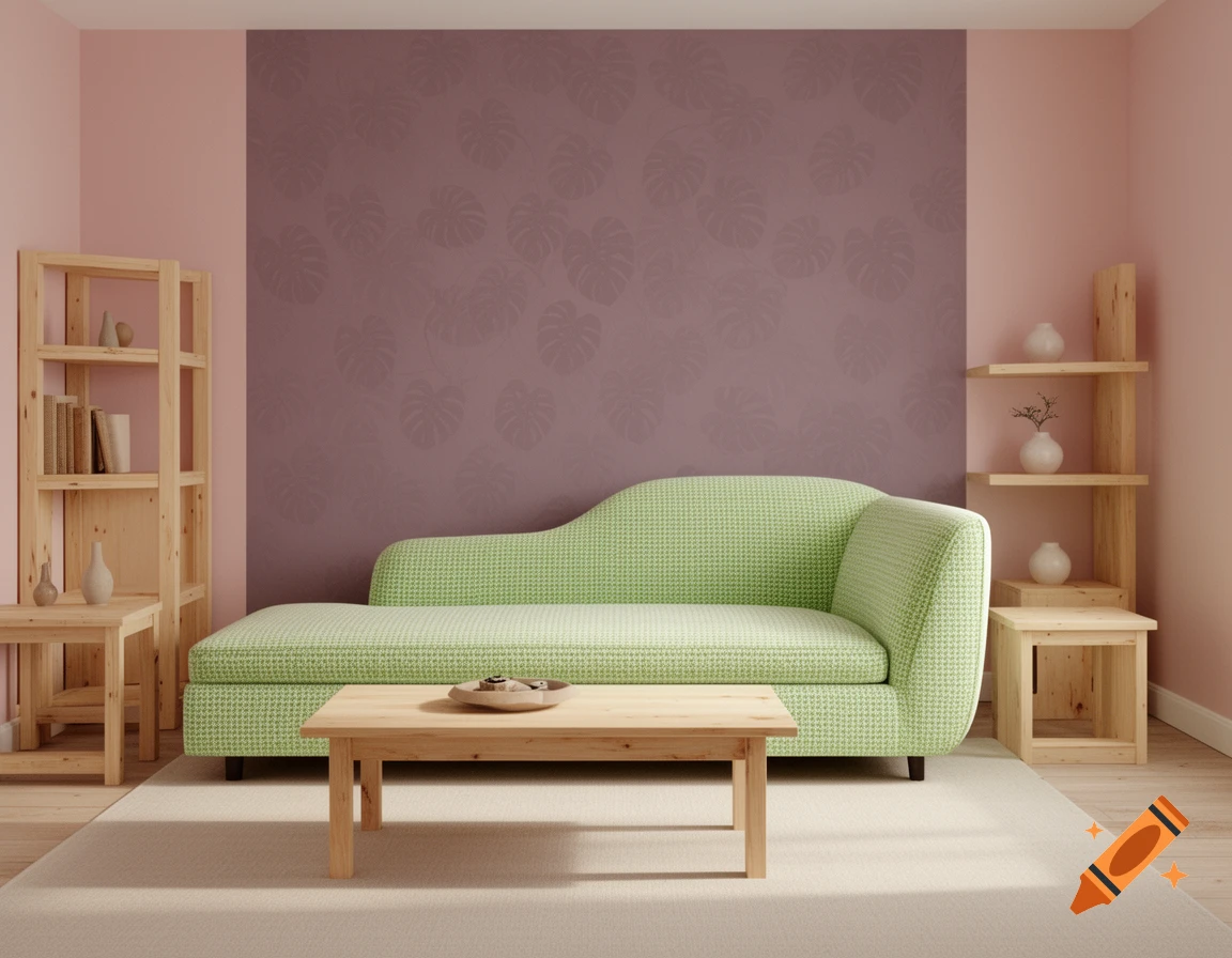 A modern living room with a light green chaise longue sofa, light wood furniture, and pink and eggplant walls.