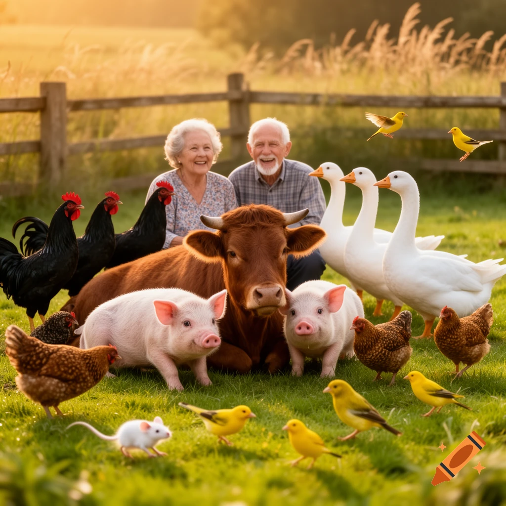An elderly couple smiles amidst a gathering of farm animals including a cow, pigs, roosters, hens, geese, canaries, and a mouse in a grassy field at sunset.