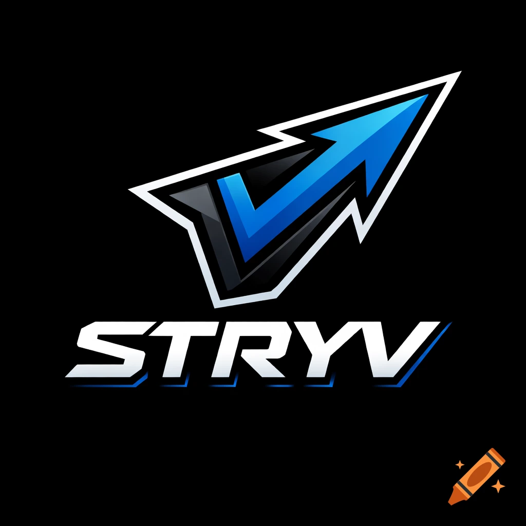 A modern esports logo features the word STRYV in stylized white and blue text, with a dynamic blue arrow and V-shape emblem above, all on a black background.