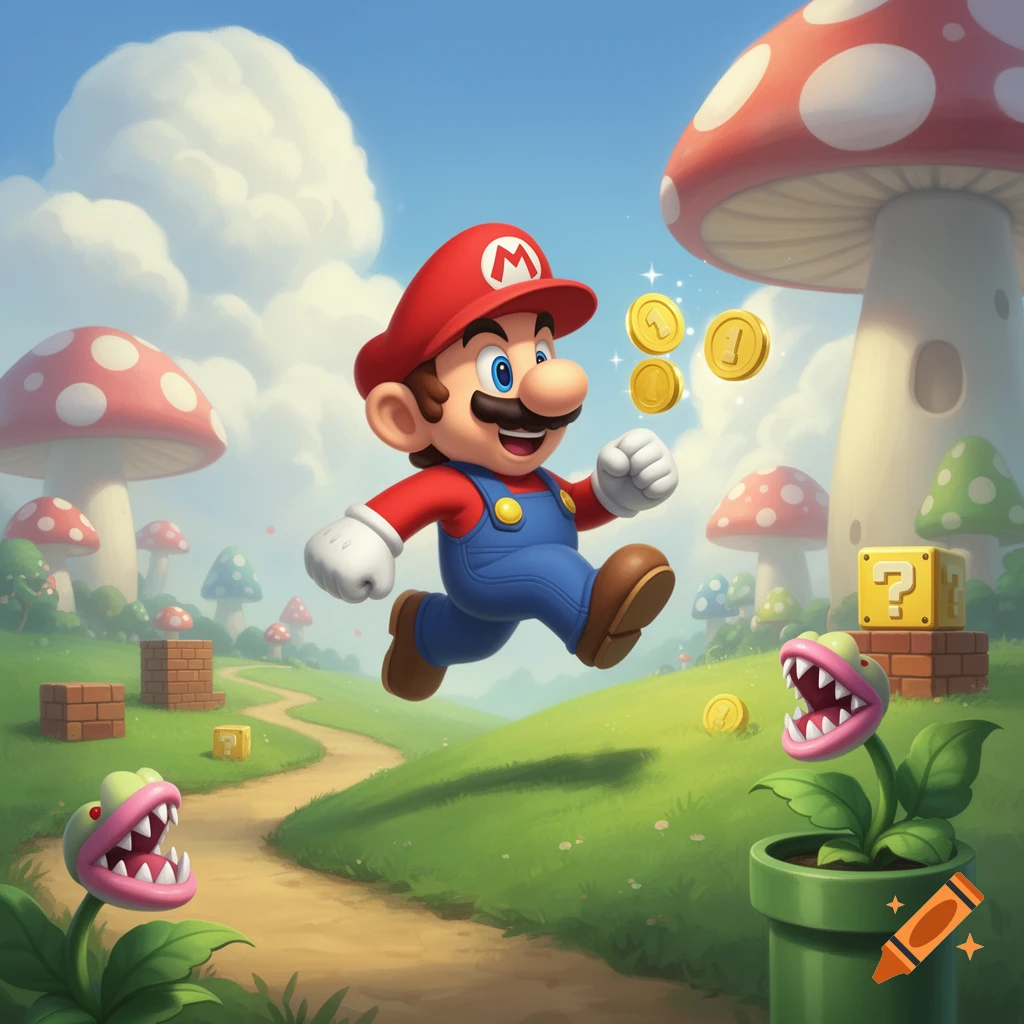 Cartoon Mario runs and jumps over piranha plants, collecting coins in a vibrant mushroom kingdom landscape under a blue sky.