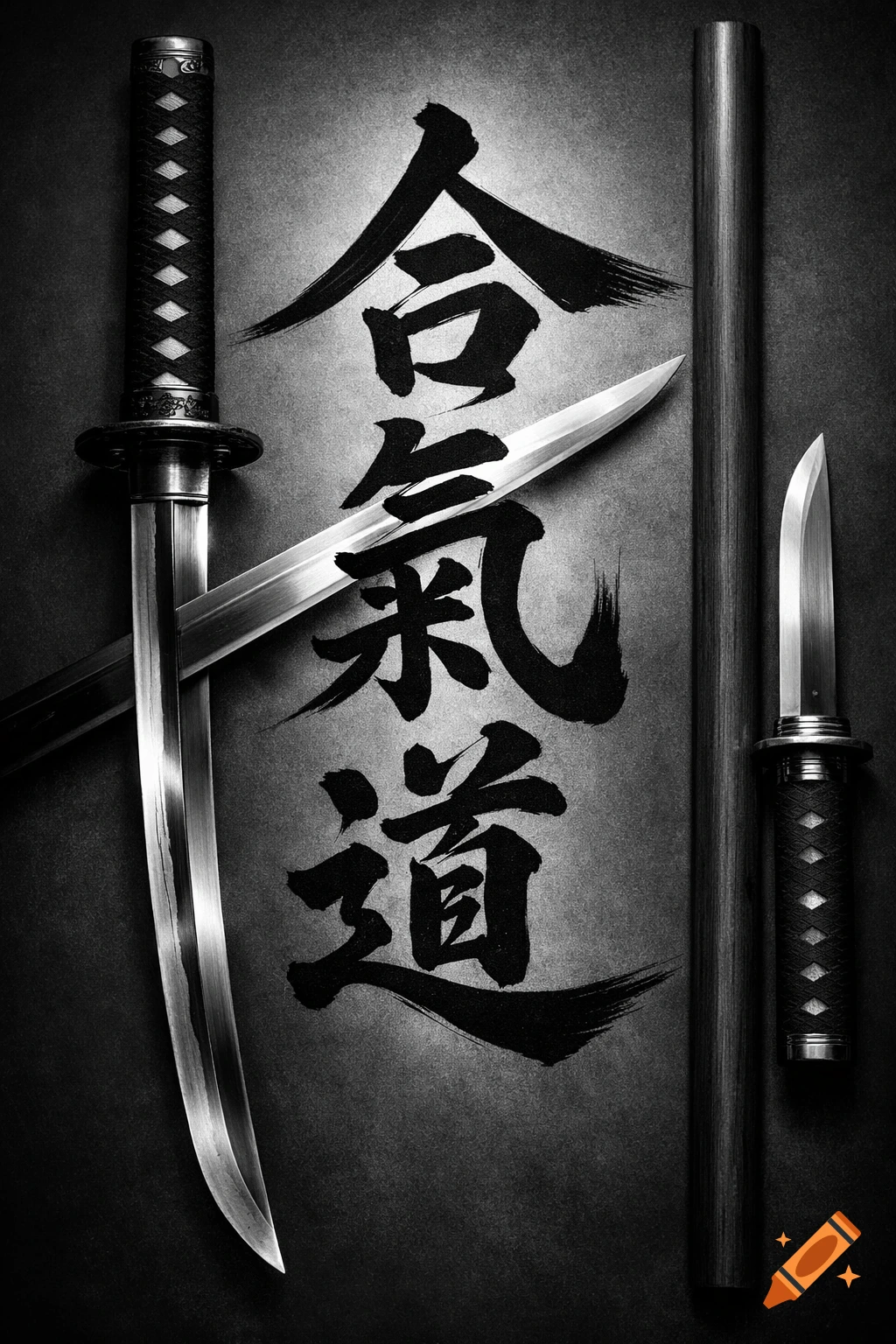 Black and white image of Japanese calligraphy for Aikido, featuring a katana, tanto, and wooden staff.