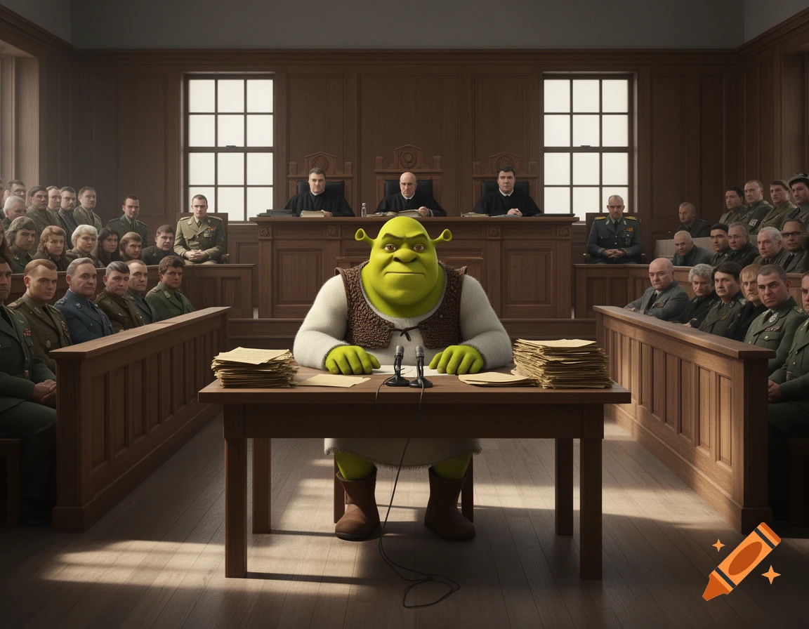 Photorealistic image of Shrek in a courtroom, sitting at a table with microphones, surrounded by judges and men in military uniforms.